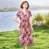 2026 Summer V-Neck Printed Dress: Short-Sleeve, Slimming Waist for Middle-Aged & Elderly