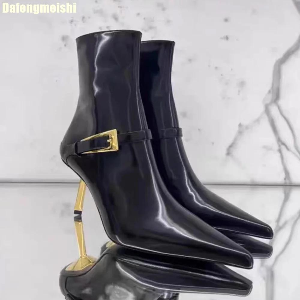 Fashion 2025 Spring New Style Metal Stiletto Pointed Ankle Boots Women Fashion High Heeled Patent Leather Side Zipper Black Fashion Boot