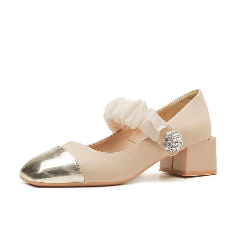 53302 [sheepskin] High Heels Women's 2025 Autumn New Color Matching Mary Jane Thick Heel Light Mouth Rhinestone Shoes
