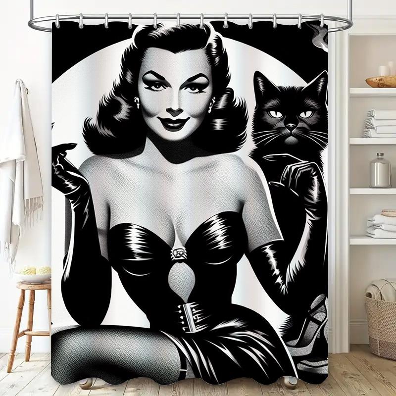 Vintage Retro Style Cat Lady Shower Curtain Classic Black White Print Bathroom Decor Perfect Gift for Women's Day