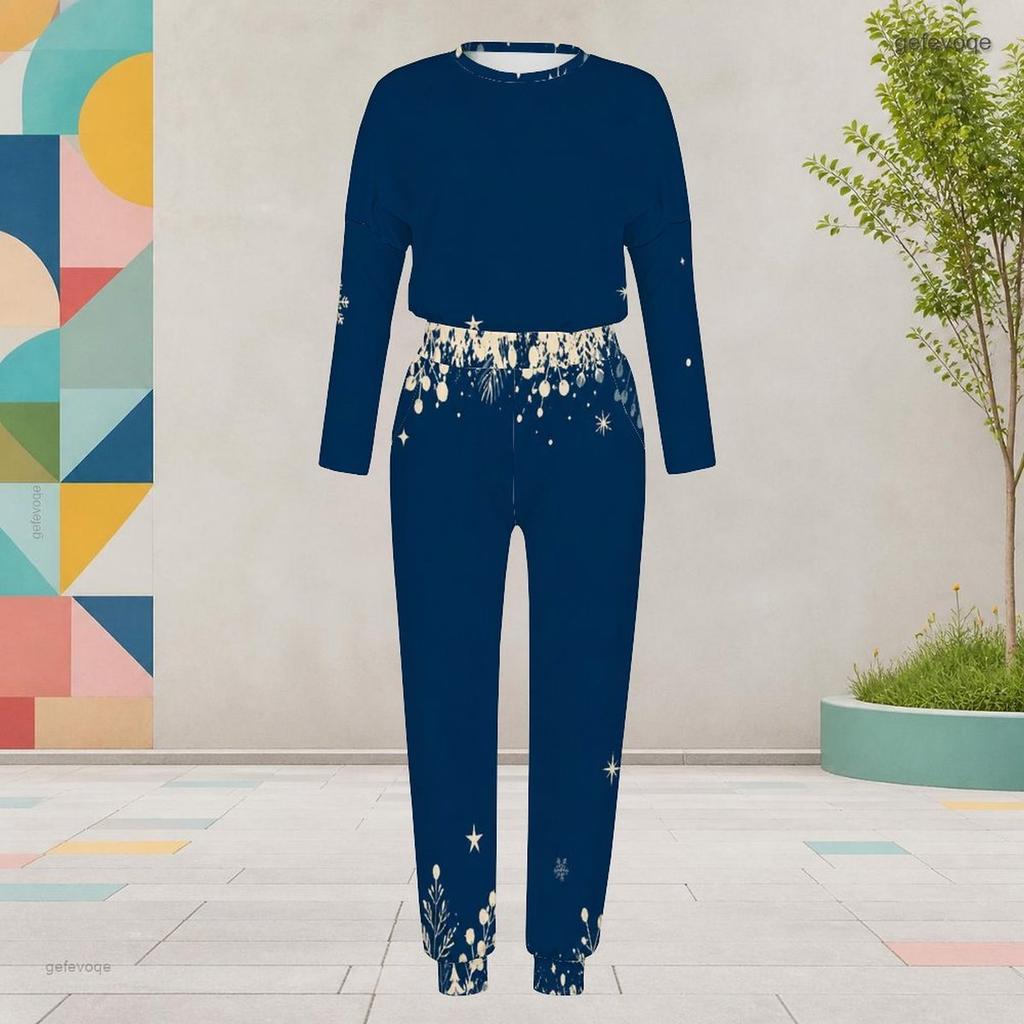 Women Plus Size Two Piece Set Round Neck Long Sleeve Printed Navy Blue Cuffed Top And Pants With Pockets