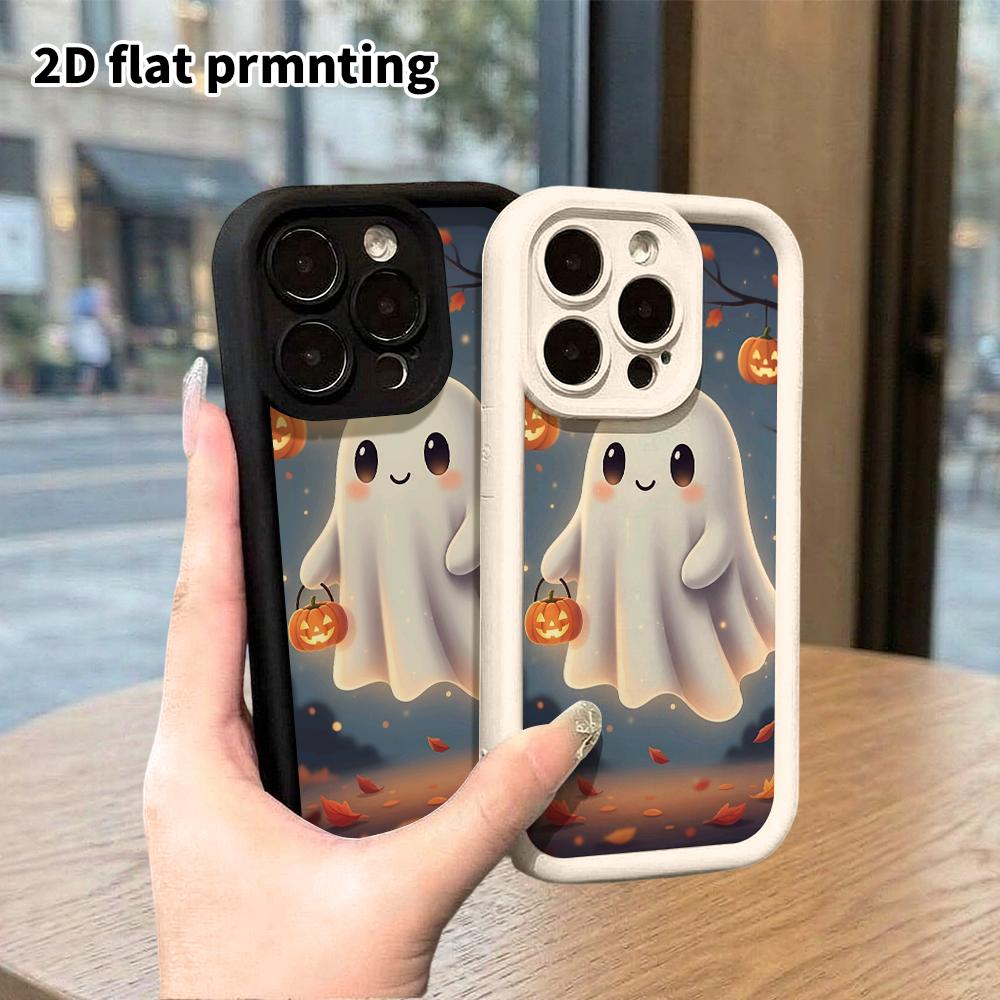 Phone Case: 2D Flat Design Suitable for iPhone 18 17 16 15 14 13 Pro Tiered Protective Case, Ghost Carrying a Pumpkin, Halloween Gift