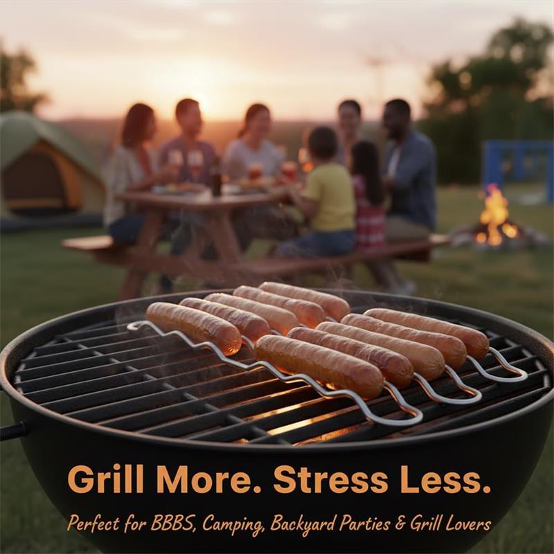 BBQ Sausage Roller Rack, Hot Dog Roller Grill, Stainless Steel Sausage Griller with 360° Rolling Design -Free Rack for Camping Outdoor Family Cookouts