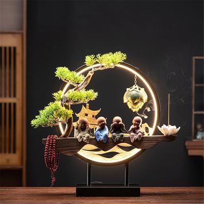 Wooden Backflow Incense Burner with Led Light USB Ceramic Lotus Buddha Beads Purple Clay Little Monk Home Office Decoration