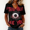 Haut pull décontracté pour femme à col en V, manches courtes, imprimé graphique Halloween, coupe ample, t-shirt léger pour un usage quotidien