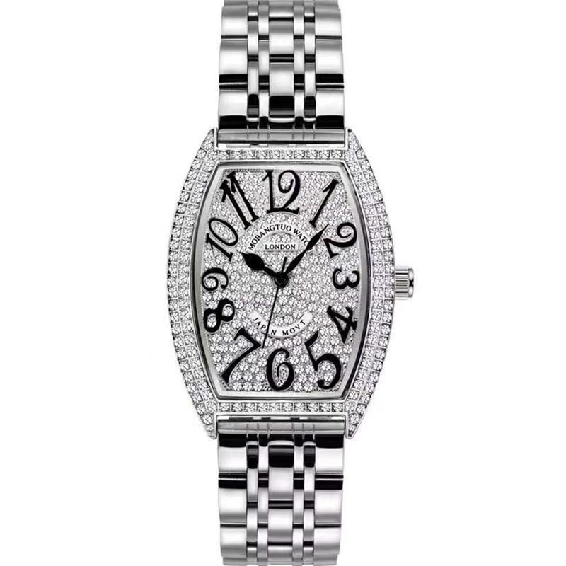 Fashion, Full Diamond Wine Barrel Type Digital Scale Steel Belt Versatile Quartz Watch Women