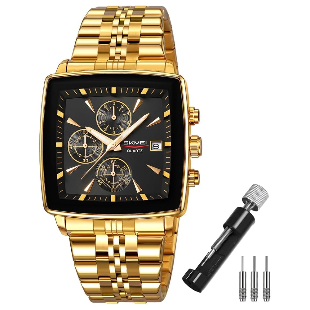 SKMEI Men s Square Analog Watch Black Stainless Steel Waterproof Business Casual Chronograph Big Face