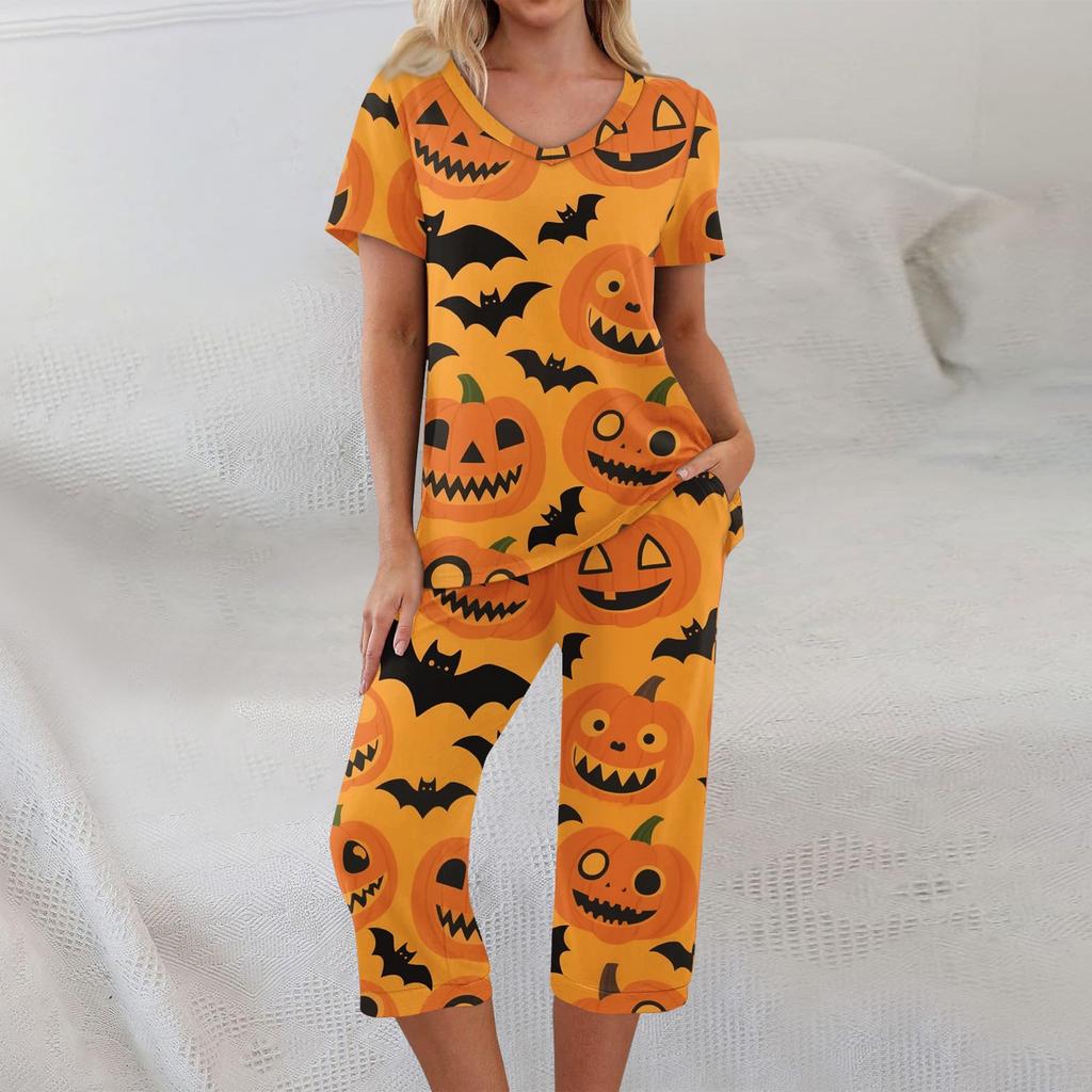 Conjuntos de 2 piezas para mujer Top de manga corta y pantalones con bolsillos Conjuntos suaves de entrenamiento con estampado de Halloween