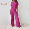Women's Two Piece Knit Set Short Sleeve Sweater Top Wide Leg Pants Lounge Sets Ribbed Knitted Casual Outfit for Spring Autumn