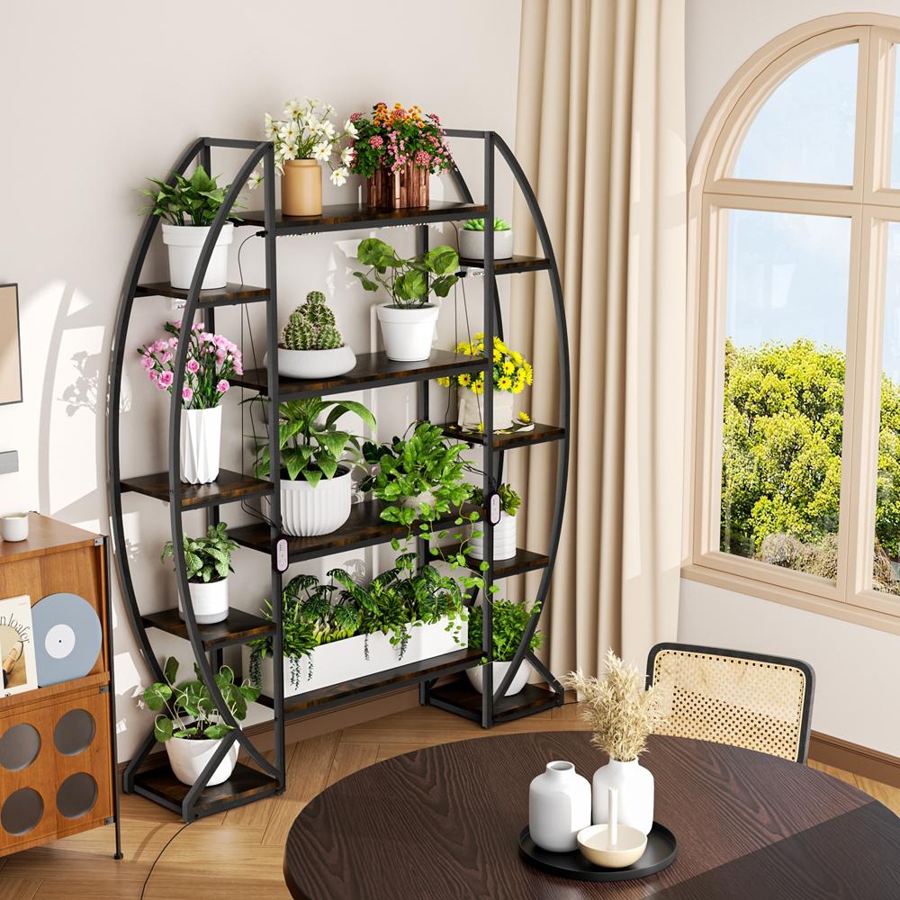5-Tiered Tall Plant Stand Metal Flower Shelf with Plant Grow Lights for Living Room, Garden, Patio