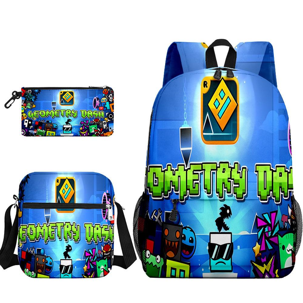 Popular Cool Geometry Dash 3D Printed 3pcs/Set Pupil School Bags Laptop Daypack Backpack Inclined Shoulder Bag Pencil Case