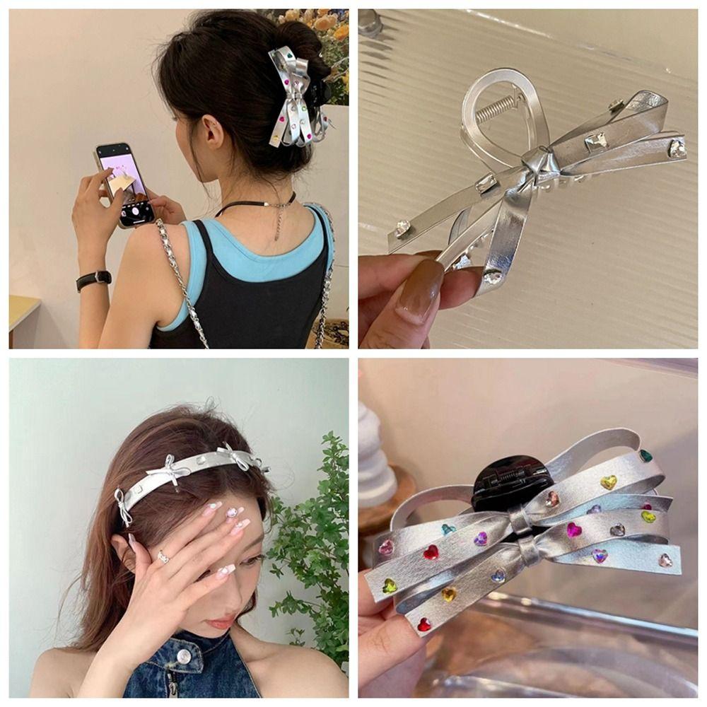 

Shiney Leather Bow Hair Clip Zircon Y2k Style Shark Clip Silver Color Hair Claw Wash Face