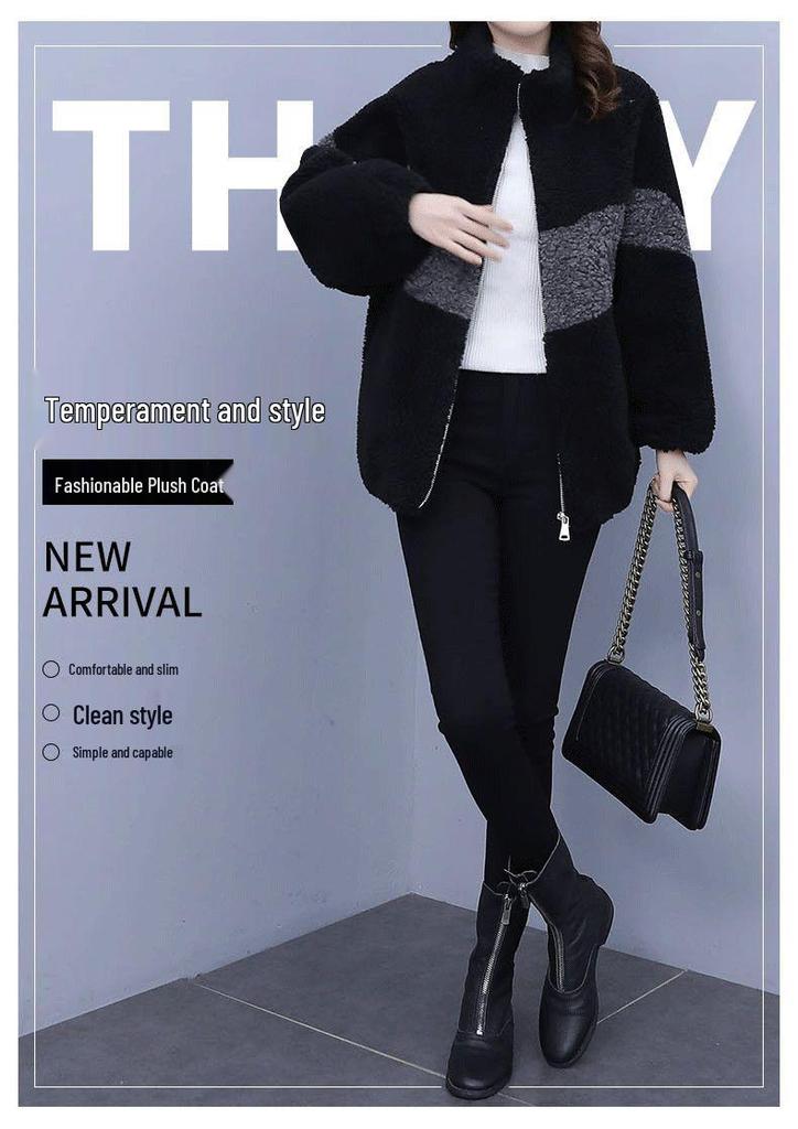 Women's Plus Size Color Block Lamb Wool Coat - Autumn/Winter Fashion Fleece Outerwear