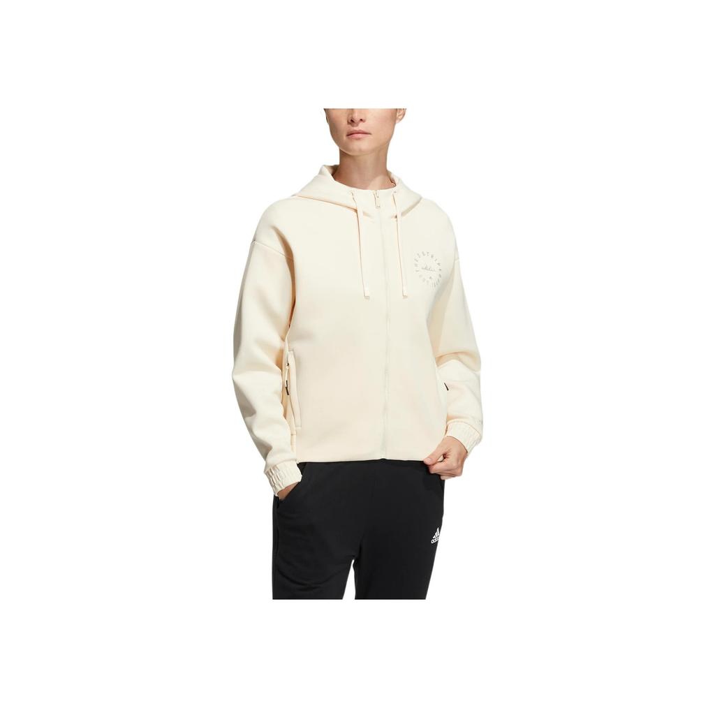 Adidas Logo Print Drawstring Hooded Long-Sleeve Sweatshirt Women Tops Off-White HZ7035