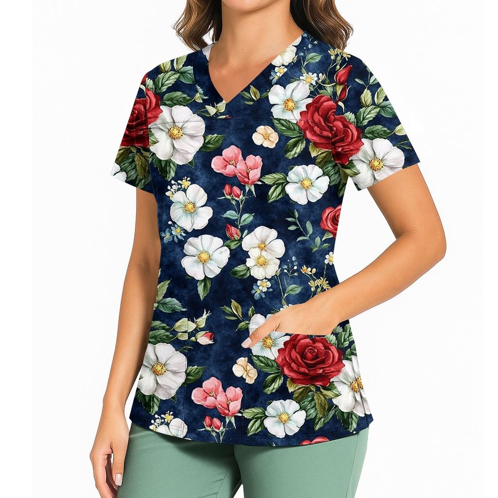 Women's Casual Printed V-Neck Pocket Side Slit Short Sleeved Top Short Sleeved Top