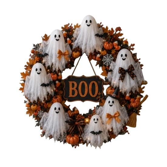 Artificial Fabric Wreath Halloween Boo Ghost Wreath, Spooky Door Hanging Decoration with Pumpkins Decorative Fall And Spider Webs for Front