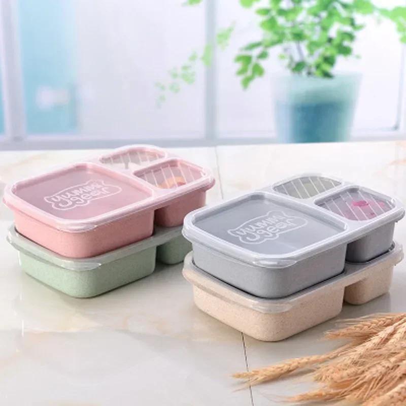 1 Pcs Portable Lunch Box Single Layer 3 Grid With Lid Microwave Food Box Biodegradable Lunch Storage Container