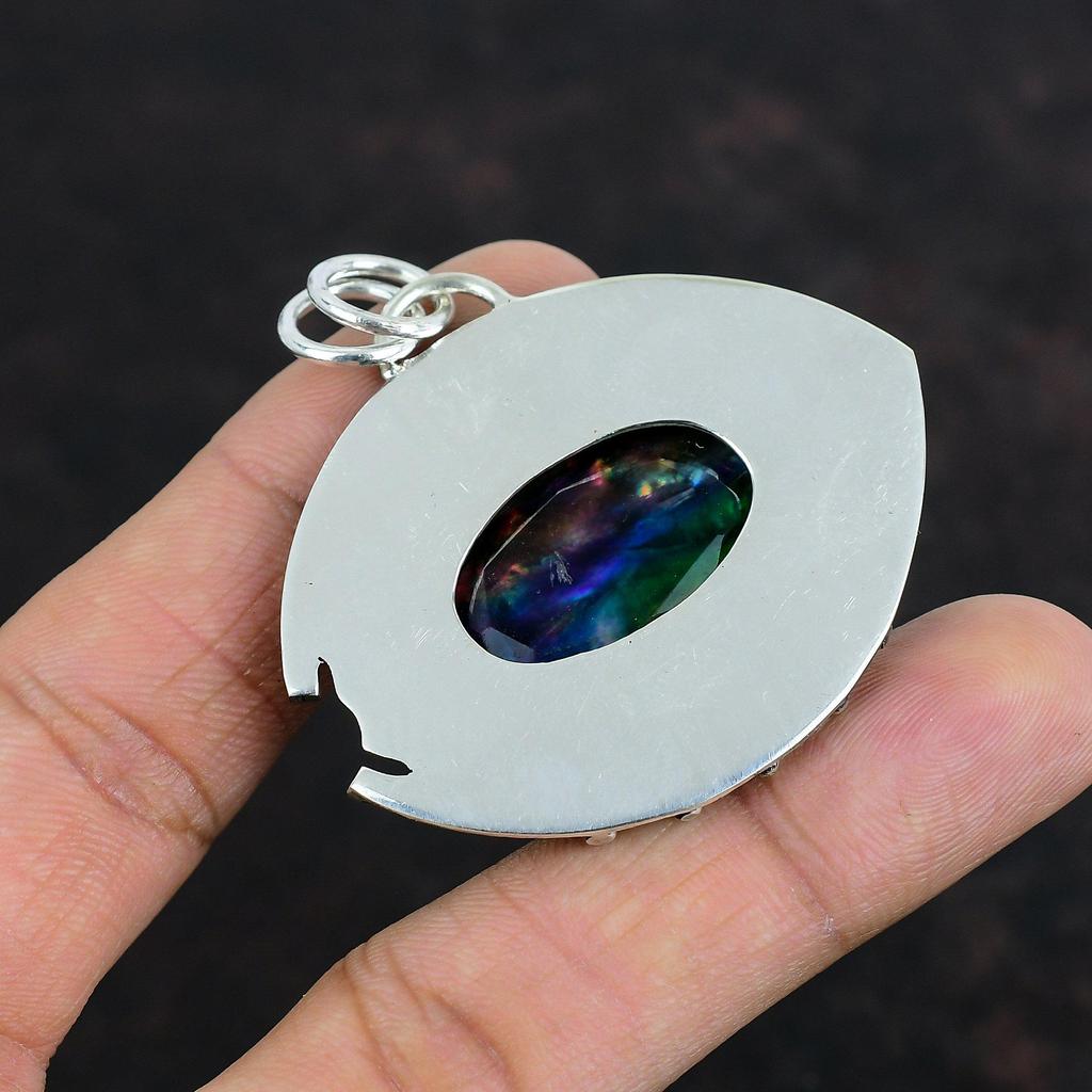 Faceted Ammolite Pendant Genuine Gemstone Jewelry Handmade Pendant 925 Sterling Silver Pendant Designer Jewelry Statement Pendant For Gifts