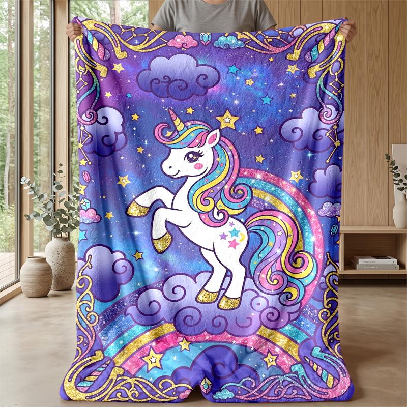 Magical Unicorn Rainbow Theme Blanket Lightweight Warm Flannel Blanket Decorative Throw Blanket for Home Decoration