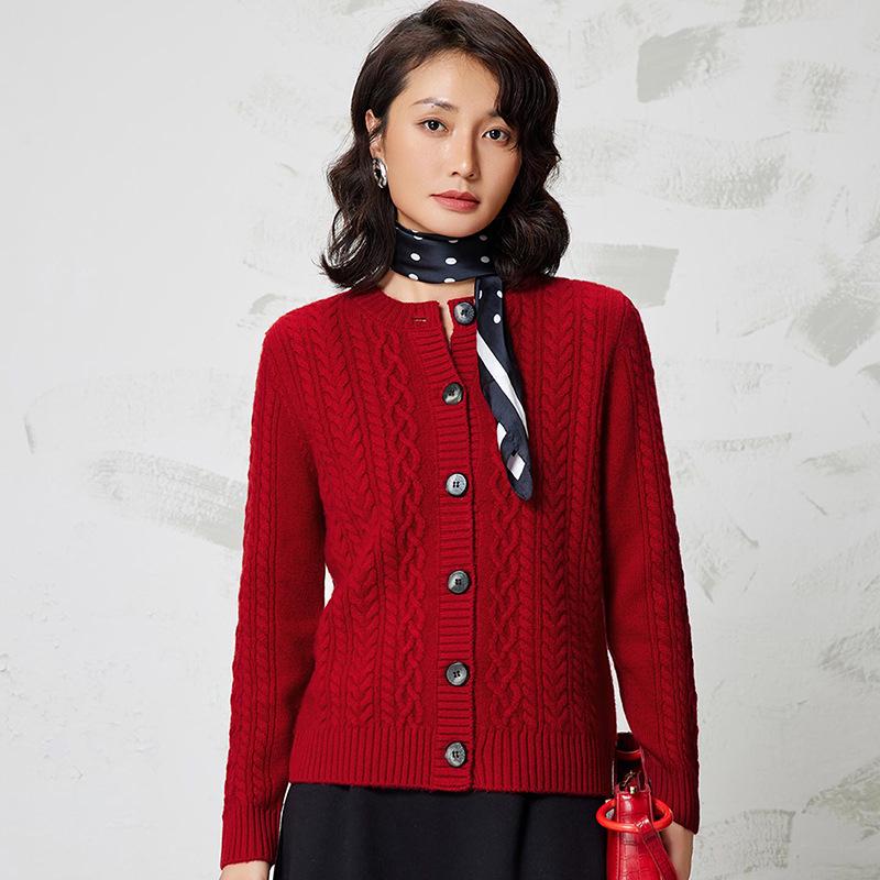 2025 Women's Pure Wool Cable Knit Cardigan - Autumn/Winter Korean Style, Round Neck, Solid Color