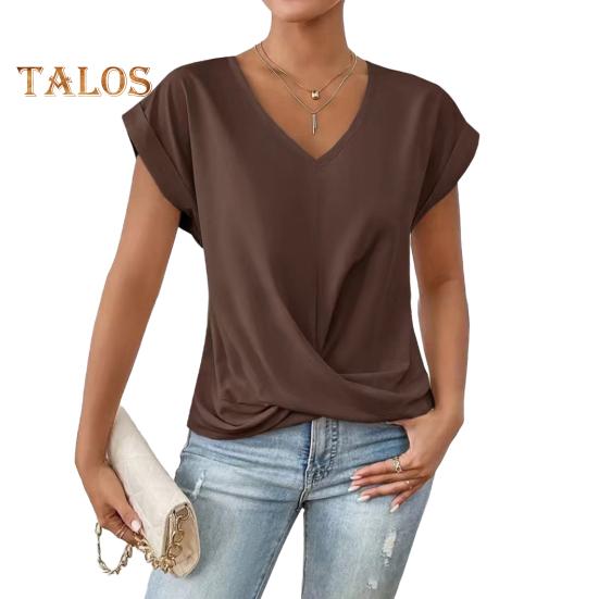 Dámské topy s výstřihem do V, s krátkým rukávem, s mačkaným designem, tričko jednobarevné, volného střihu, s křížovým plisováním, pro každodenní nošení