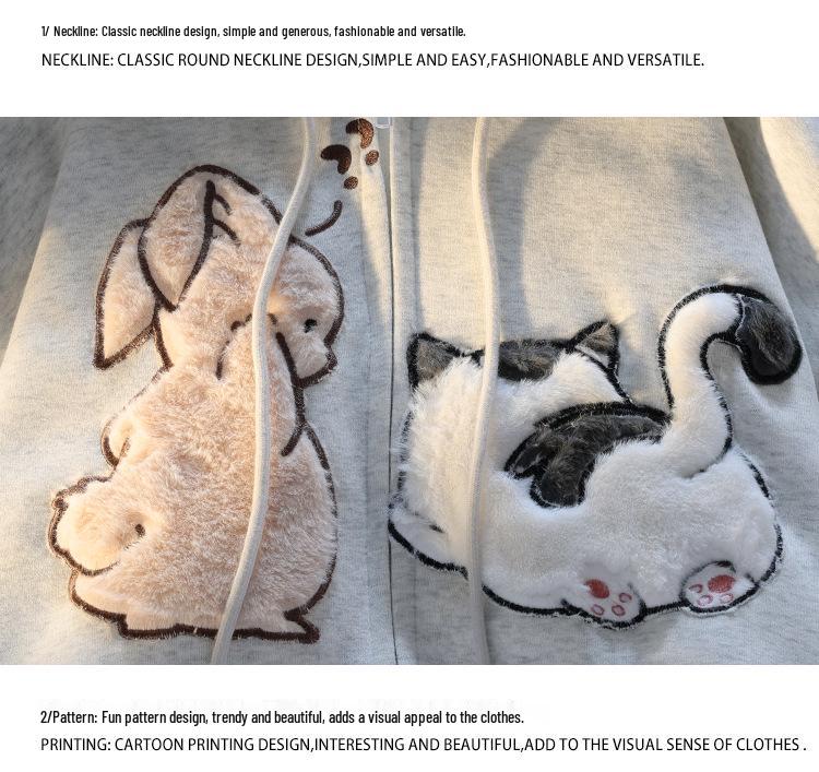 American Vintage Cartoon Embroidered Short-Sleeve Hooded Sweatshirt - Loose Fit for Spring and Autumn