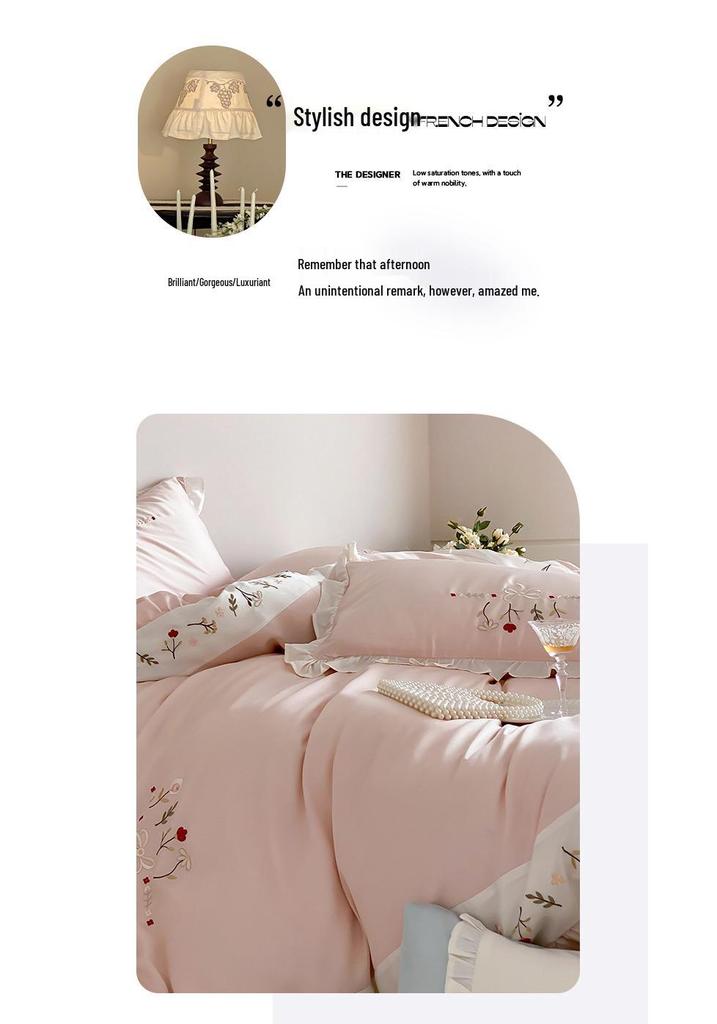 Light Luxury Heart Embroidered 60S Tencel Duvet Set - Soft Cooling Ice Silk Bedding