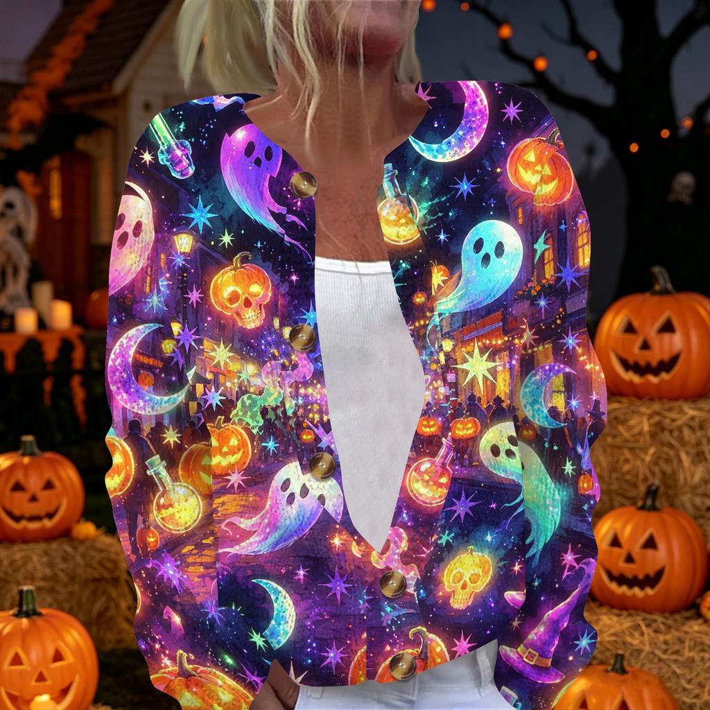 Women's Halloween Long Sleeve Knit Cardigan Button Up Sweater Skeleton and Pumpkin Musical Print Lightweight Outerwear for Fall and Winter