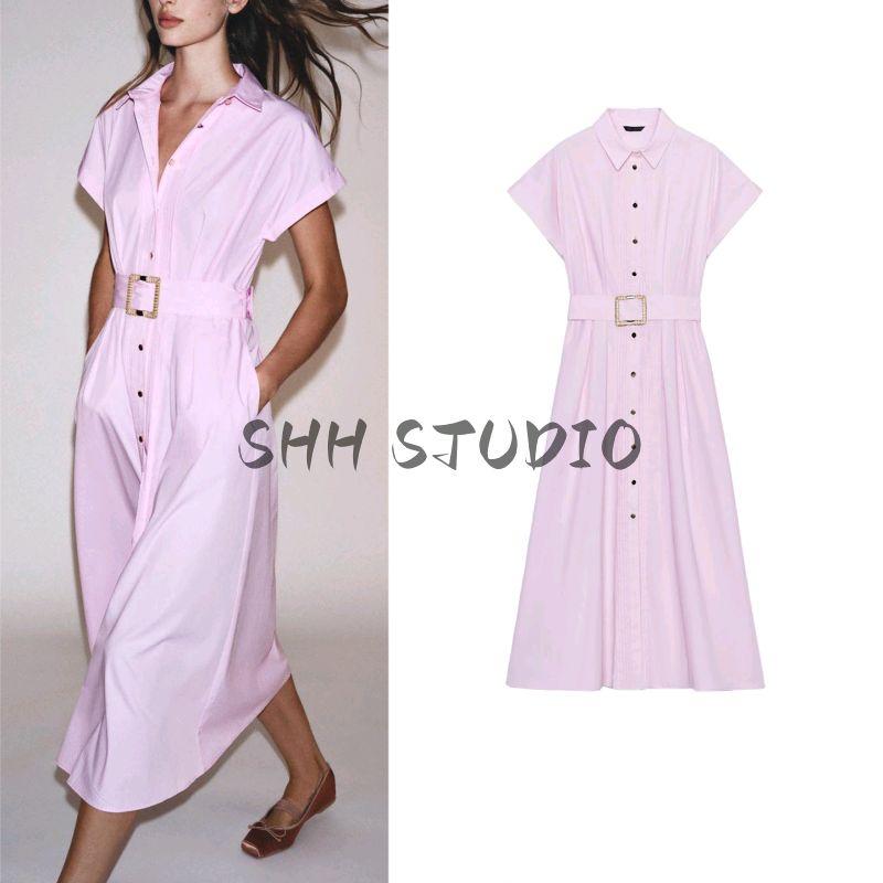 Autumn New Women's Clothing Frill Decorative Lapel Short Sleeve with Belt Poplin Midi Skirt Dress 8441255