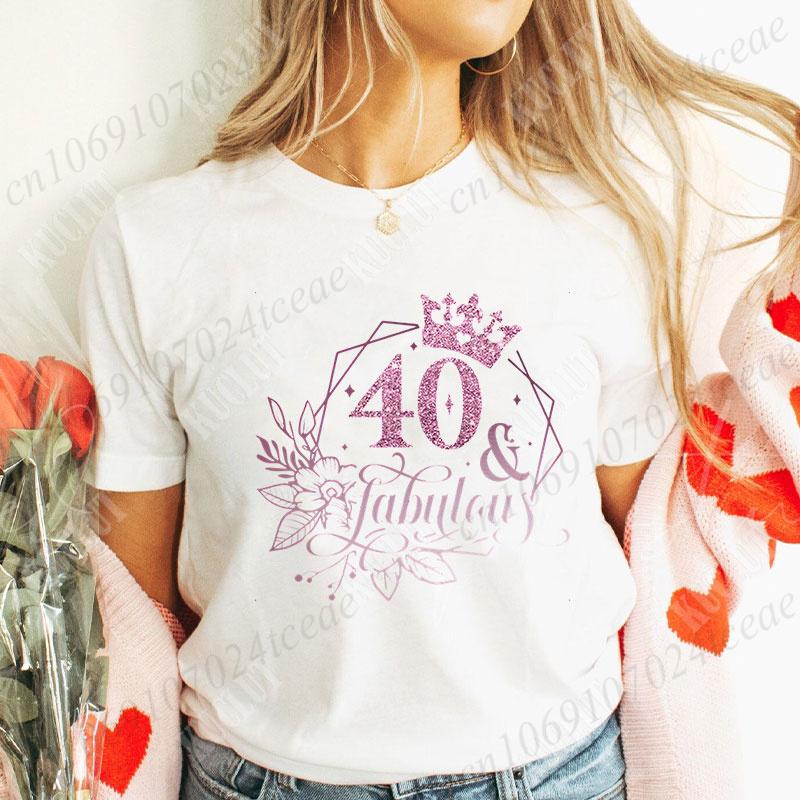 40th Fabulous T Shirt for Women 40th Year Birthday Party Tops Fashion Shiny Crown Graphic Short Sleeve Tees Female Clothing