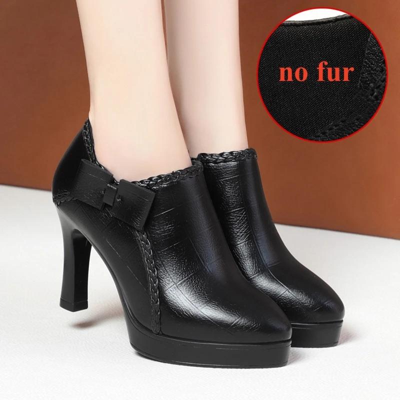 Scarpe con Tacco Alto a Blocco Comode a Bocca Profonda 7cm 9cm con Pelliccia Autunno Inverno 2025 Eleganti Décolleté con Plateau con Fiocco Donna per Ufficio Mamma