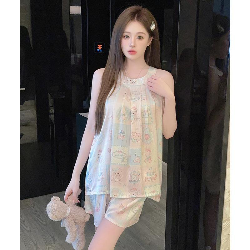 Summer new sleeveless fashion sweet sleeveless shorts pajama set soft comfortable cool summer pajama set