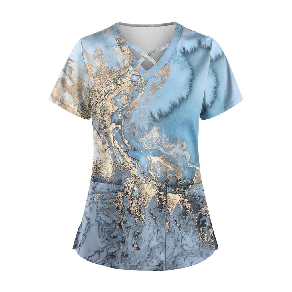 Plus size bonito impresso esfrega uniforme de trabalho topos para mulheres cruz com decote em v manga curta diversão camisetas workwear t com bolsos