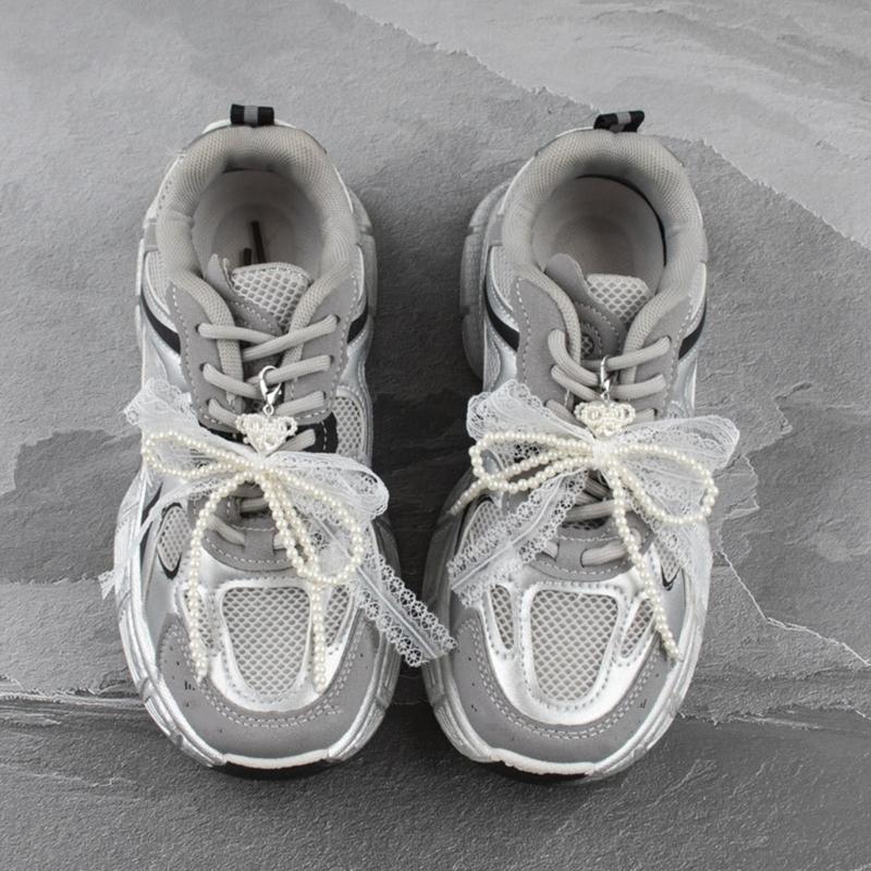 ABS Pearls and Lace Bowknot Detachable Shoe Ornament Women Shoelaces Charm Sophisticated Detachable Footwear Ornament