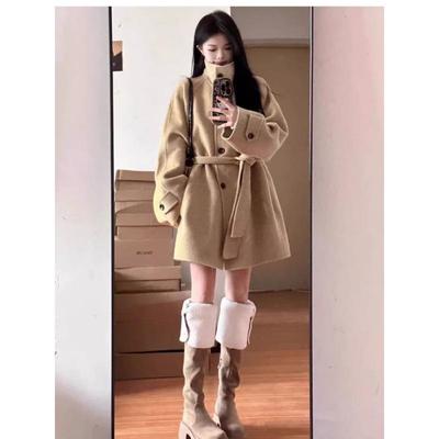 Damski Khaki Płaszcz Wełniany - Jesień/Zima 2025, Luksusowy Koreański Styl, Rozmiary Standardowe i Plus Size.