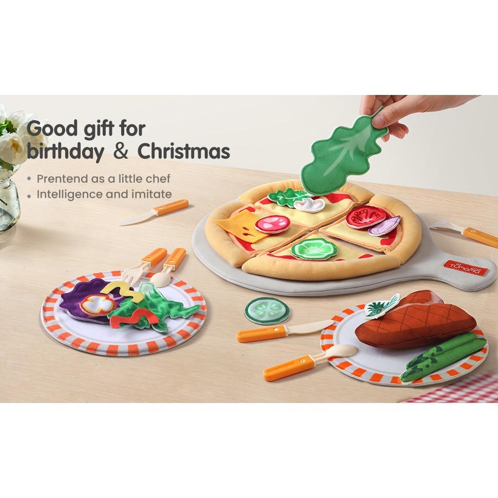 TUMAMA Pretend Play Food Set,Felt Pizza Food Toy,Play Cutting Pizza Toys with Beef Steak,Vegetables,Dinnerware and Plates Accessories for Toddlers