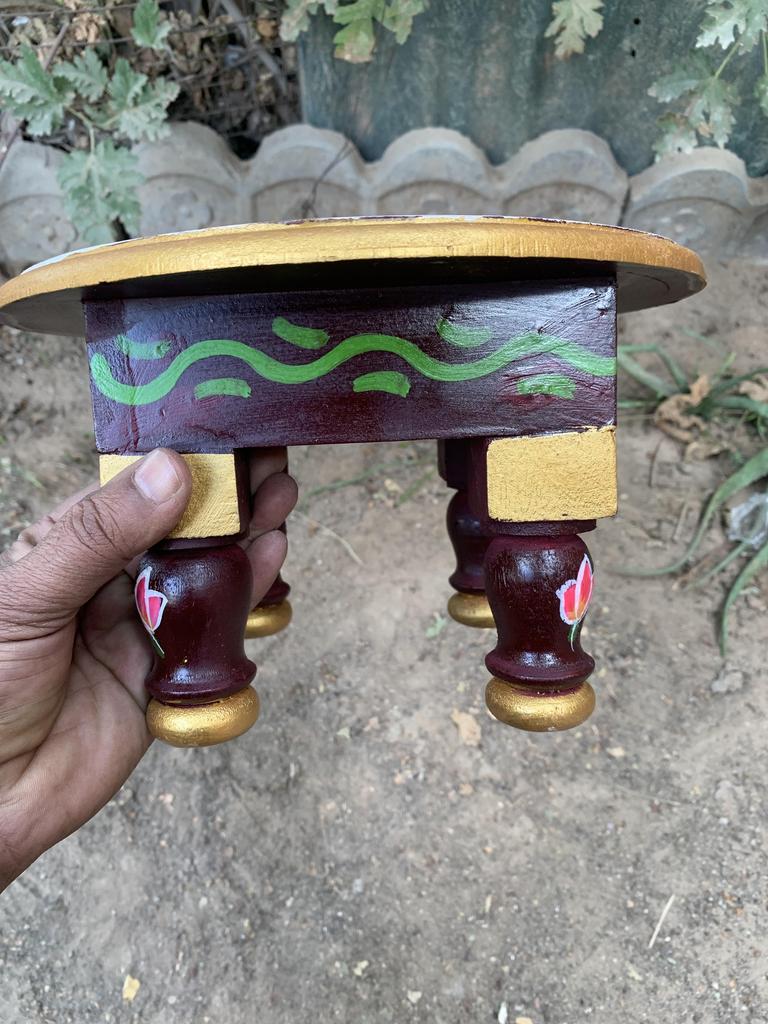 Hand Painted Wooden Chowki Bajot | Round Elephant Design Stool Table