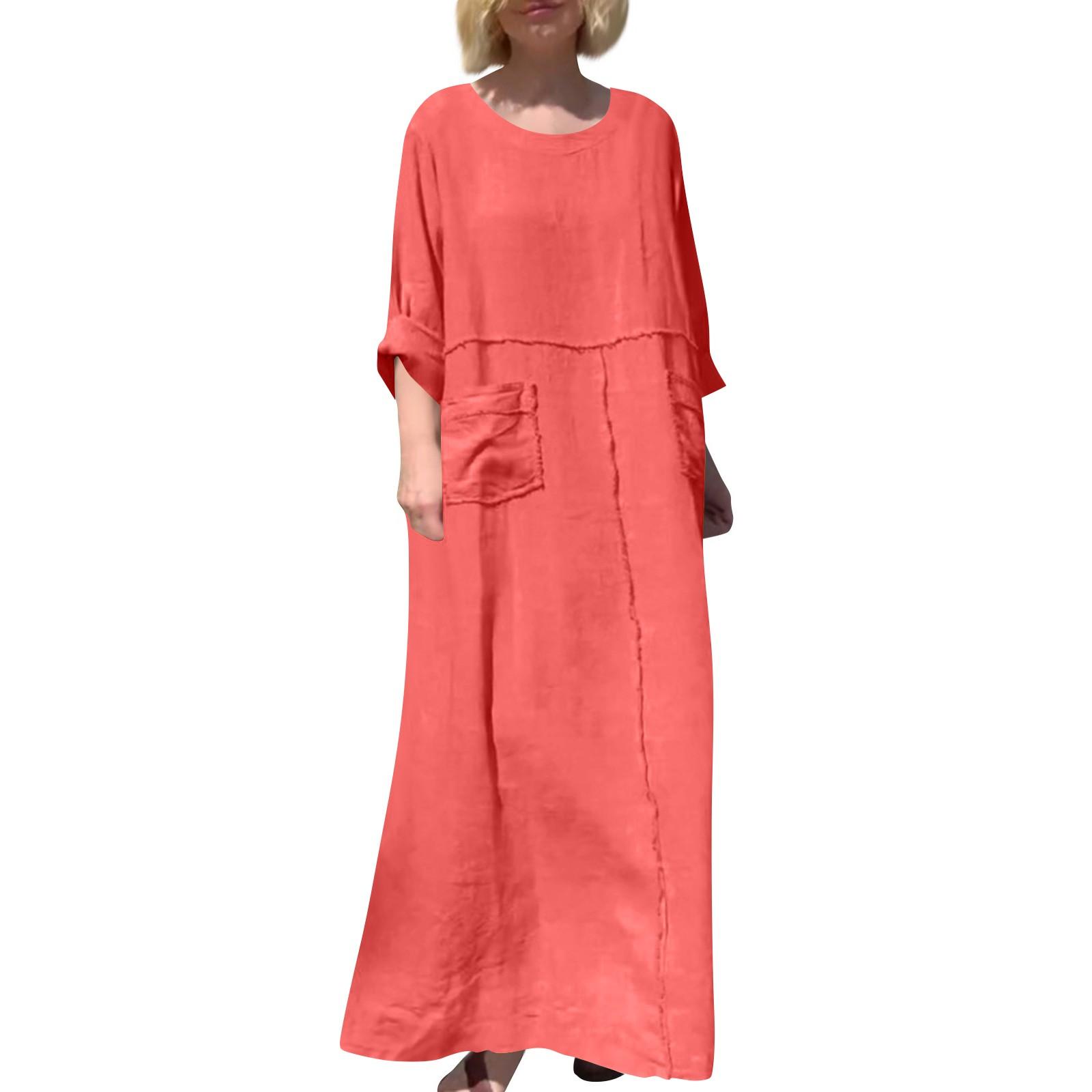 

Женское модное однотонное платье с круглым вырезом, длинными рукавами, повседневное, плиссированное, с двусторонними карманами, из хлопка и льна XXL красный