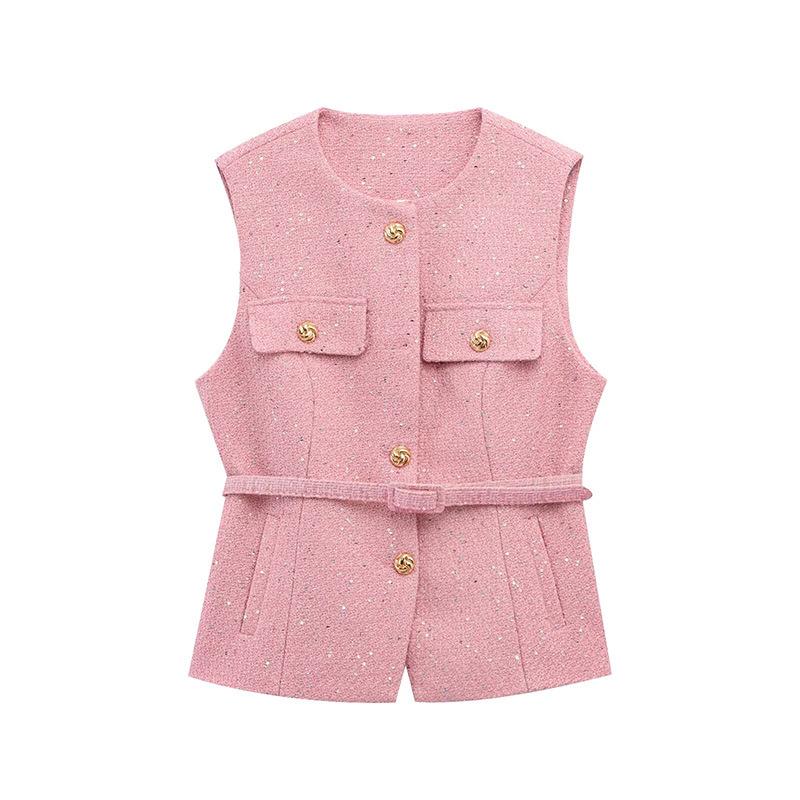 2026 Spring European & American Style Sequin-Embellished Bouclé Vest with Belt - Women s Casual Fashion Top Extra Small