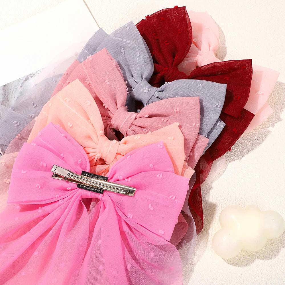 LOVEKIKI 1PCS Girls Long Big Bow Float Satin Clips Back Head Hair Clip 6inch Bow Polka Dot Temperament Elegant Hair Accessories