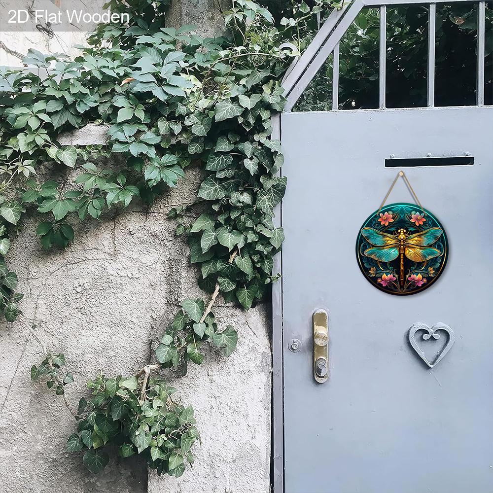 Vintage Holzschild mit Libellen- und Blumenmuster - Künstlerisches rundes Ornament für Haustür, Wandbehang-Dekor - Ideale Hängedekoration für Zuhause