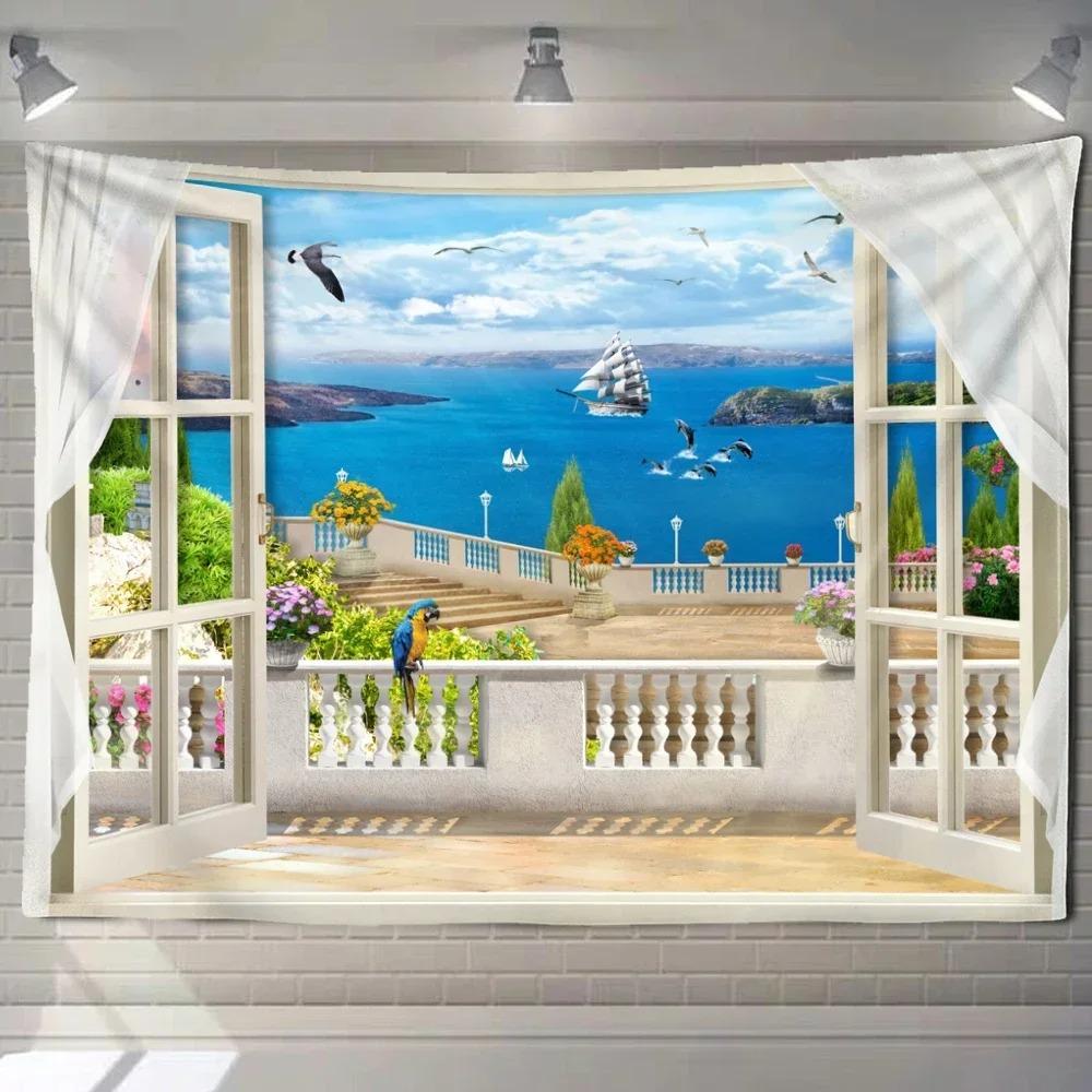 Home decoration natural ecological beach scenery imitation window paper art tapestry background wall room beautiful living room