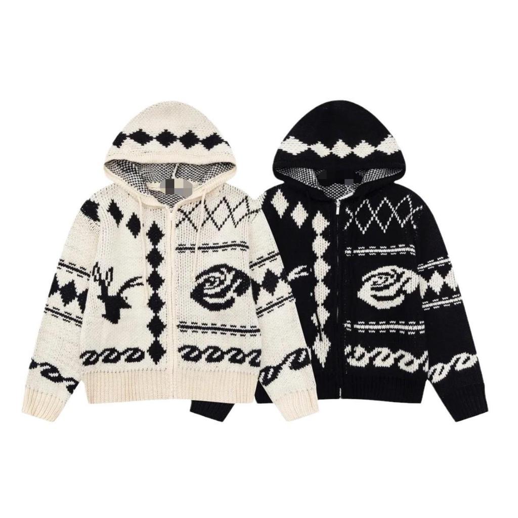 In Stock: Korean Niche Deer Rose Jacquard Hooded Knit Sweater Coat - Women's Loose, Cozy Style
