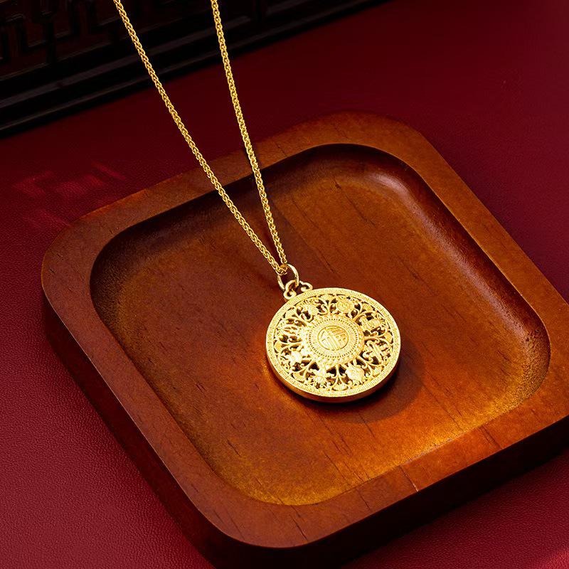 Fu Character Sand Gold Compass Pendant: Double-Sided, Light Luxury, Shell-Inlaid Jewelry for Women