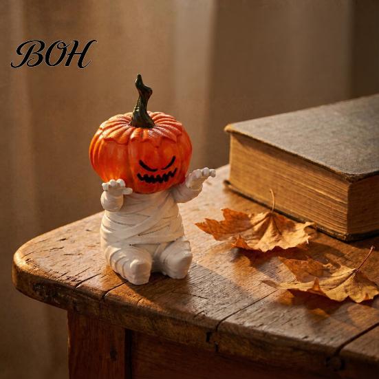 Holiday Gift for Friends Pumpkin Head Mummy Statue, Funny Halloween Decorations, Cute Sitting Desktop Resin Figurines Figurine Shelf Sitter
