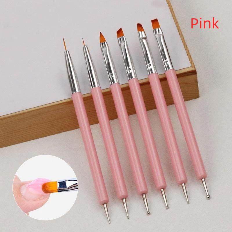 6Pcs Dual-Ended Nail Art Brush Set Black Handle Multi-Type Tips For Liner Uv Gel Painting Carving Manicure Tools Professional