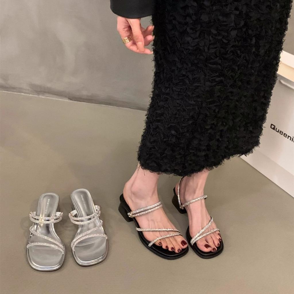 Temperament thick heel French small cool slippers fairy shoes 2025 new summer fashion outer wear rhinestone thin strap sandals
