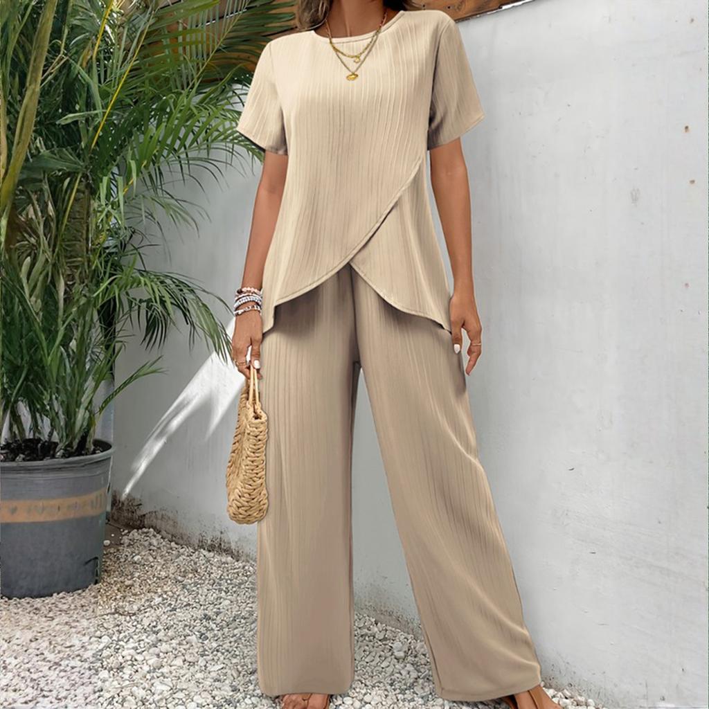 Women's Loose Casual Two-piece Set With Short Sleeves And Round Neck Loose Casual Irregular Suit
