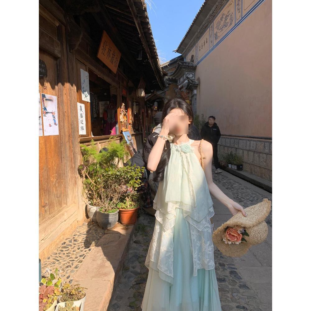 

Синее платье с вырезом под горло женское летнее новое приморское досуг женское ложный ветер фея супер фея длинное платье дети XL- (recommended 110-60kg)