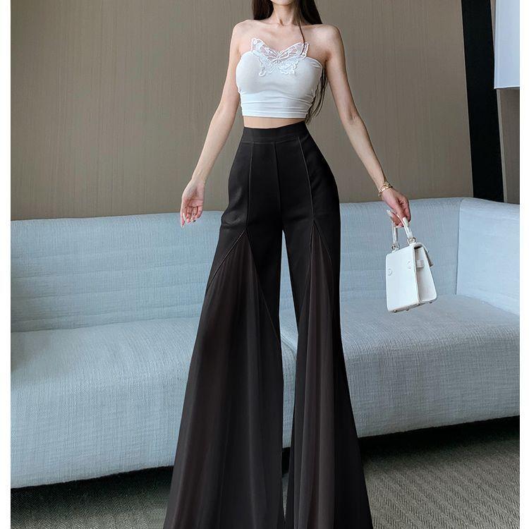 Pantaloni eleganți cu panouri din șifon alb cu picior lat - Talie înaltă, croială slim, pantaloni culottes drapatți
